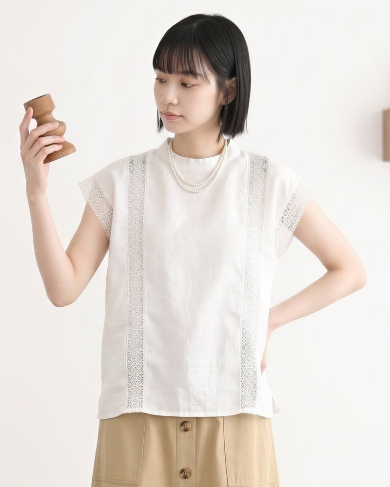 蕾絲拼接寬肩深藍色襯衫-白色-4XL