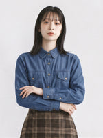 牛仔感雙口袋短版襯衫
