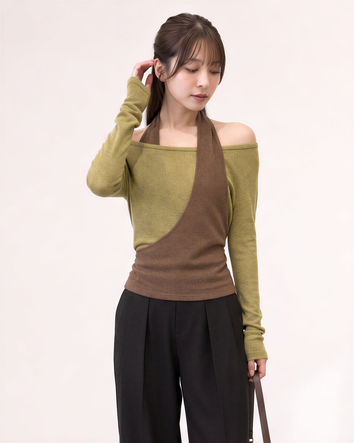 S-XL 斜裁掛脖露肩假兩件T恤