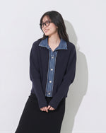 「秋季新品 」 S-2XL 牛仔拼接立領假兩件針織外套