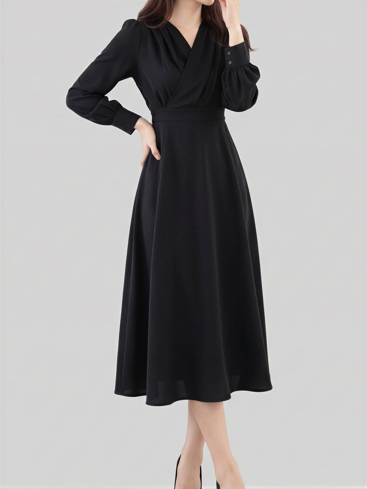 「3色」「秋季新品 」S-XL V領褶襉高腰長袖洋裝
