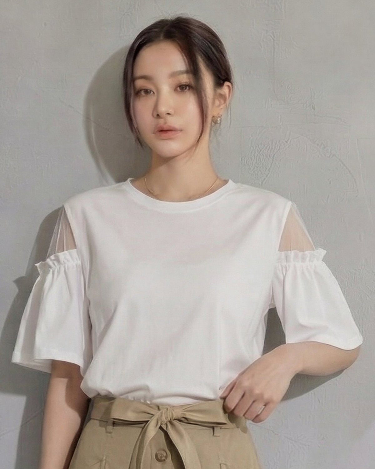 露肩拼接荷葉袖寬鬆短袖T恤-白色-2XL