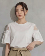 露肩拼接荷葉袖寬鬆短袖T恤-白色-2XL