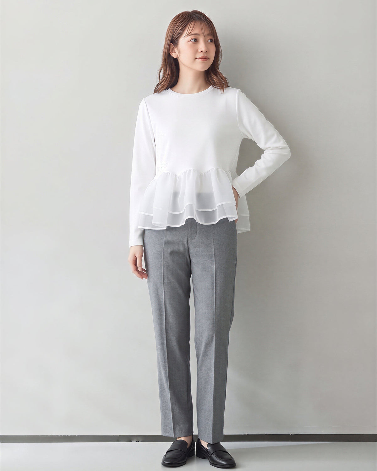 「秋季新品 」「3色」M-L 網紗拼接荷葉下擺假兩件長袖T恤