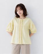 圓領壓褶泡泡袖襯衫-淺黃色-2XL