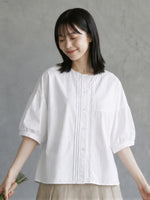 圓領壓褶泡泡袖襯衫-白色-2XL