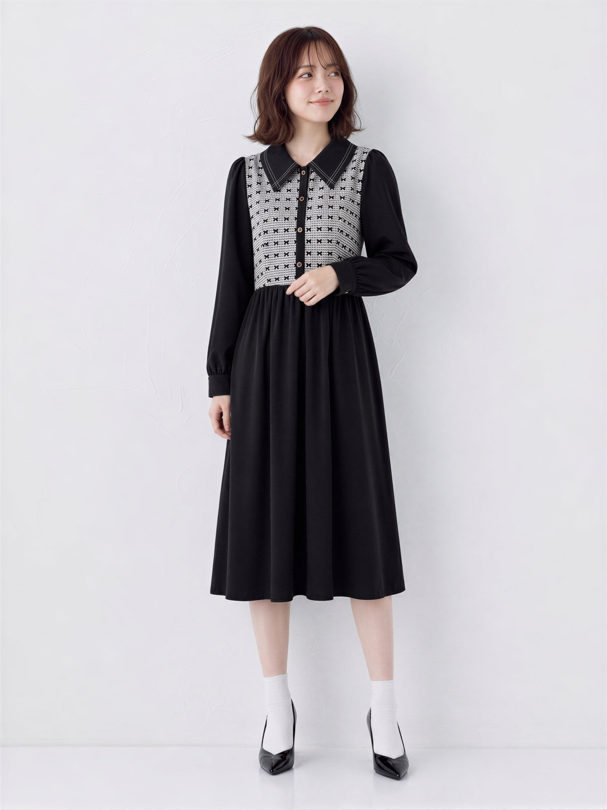 「秋季新品 」S-XL 拼接翻領收腰襯衫長袖洋裝