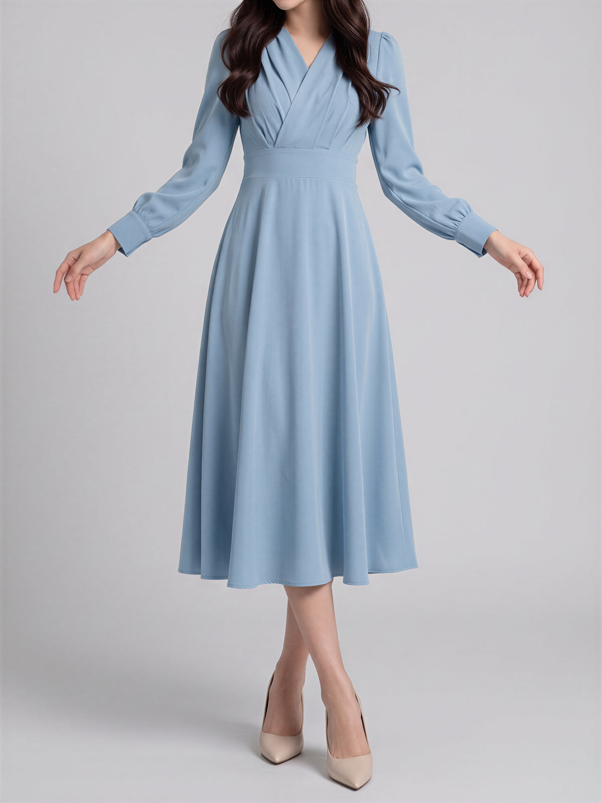 「3色」「秋季新品 」S-XL V領褶襉高腰長袖洋裝