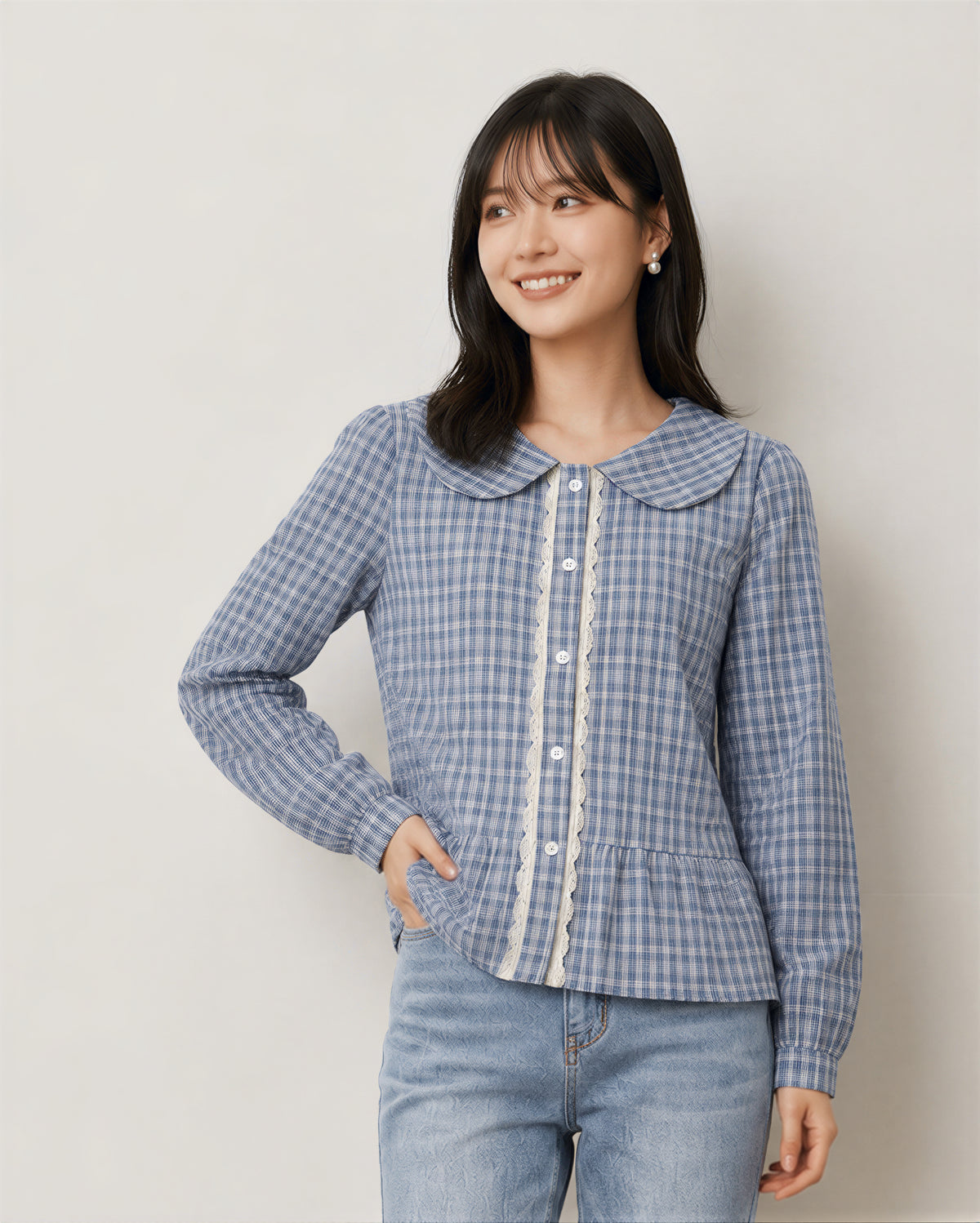S-XL 淺藍色格紋 | 娃娃領收腰襯衫