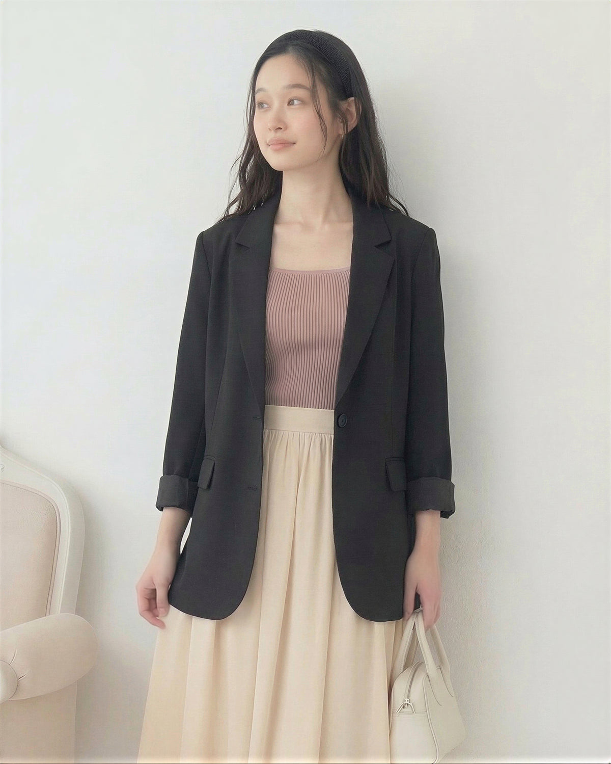 寬鬆直筒翻領七分袖西裝外套-黑色-3XL