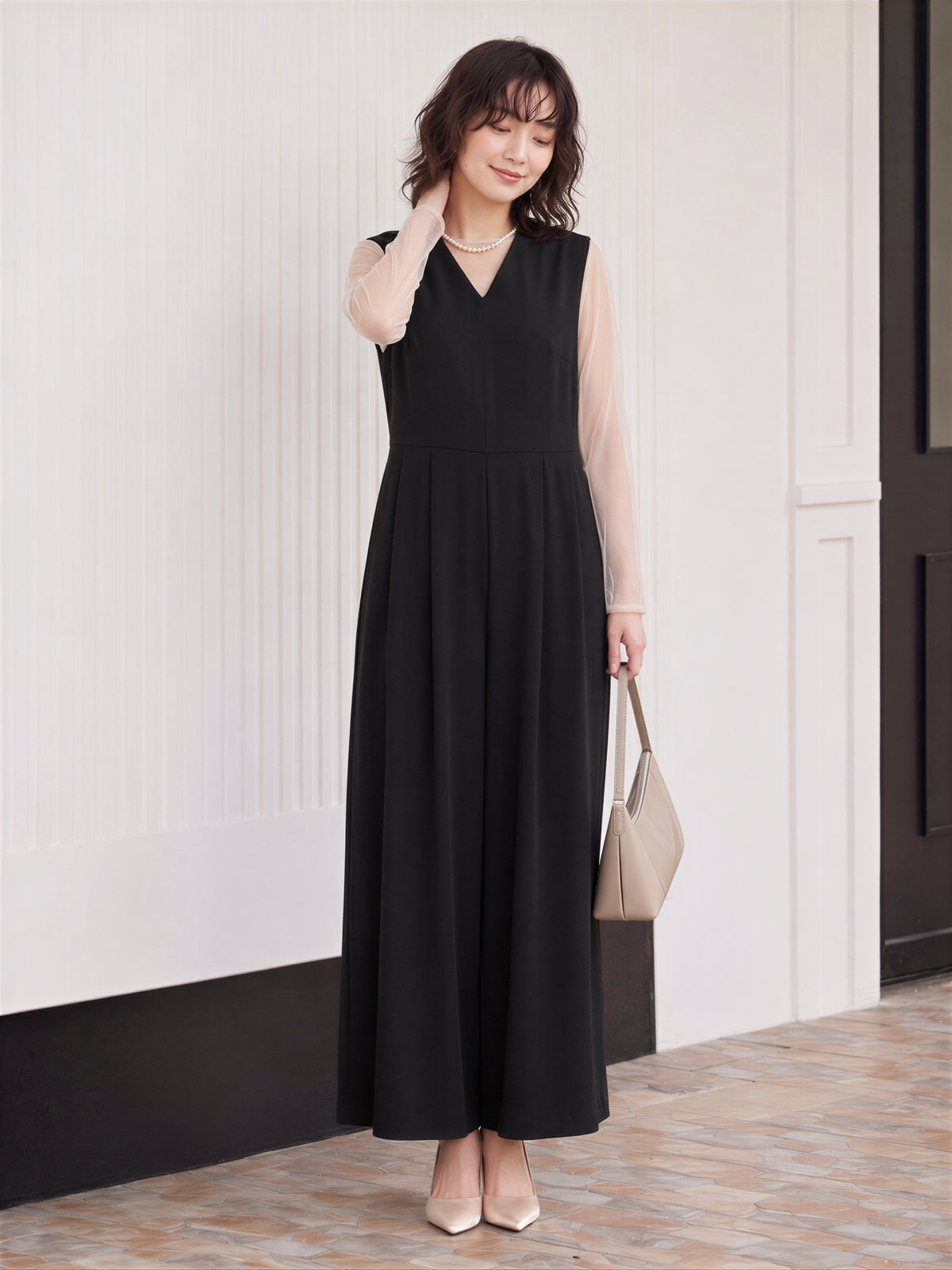 「秋季新品 」「兩色」S-2XL 品質兩件式 網紗拼袖上衣 + 寬褲連身褲 套裝