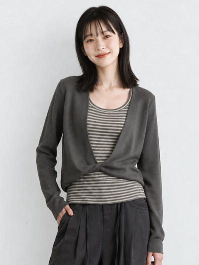 「秋季新品 」交疊扭結條紋假兩件針織上衣