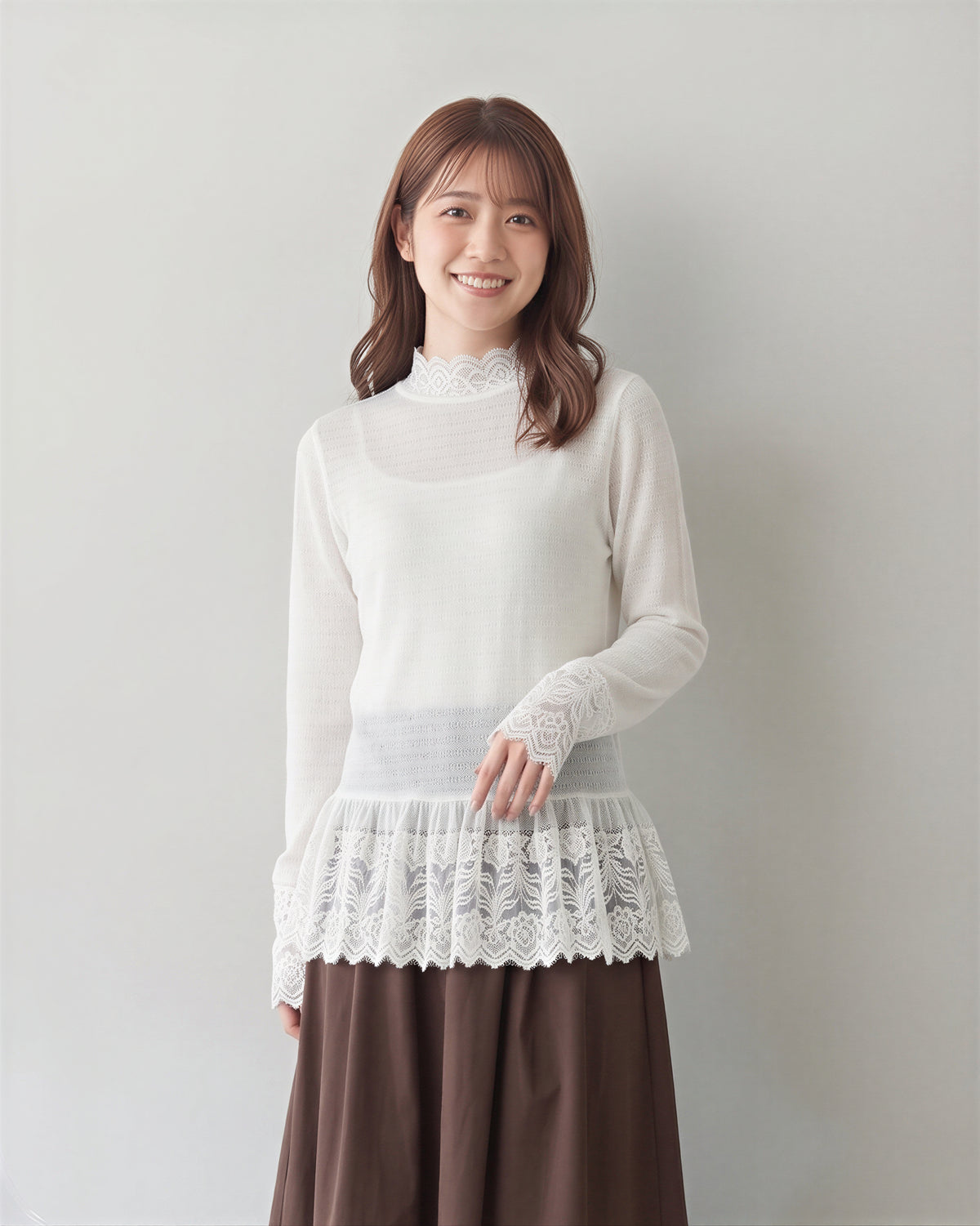 「秋季新品 」 S-XL 白色蕾絲拼接 | 木耳邊疊穿內搭長袖上衣