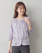 圓領刺繡燈籠袖襯衫-藍色-均碼