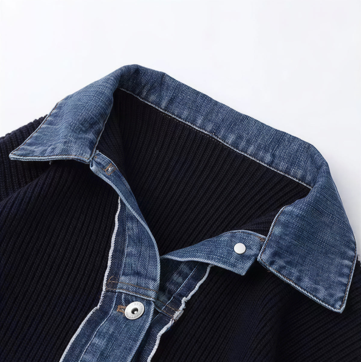 「秋季新品 」 S-2XL 牛仔拼接立領假兩件針織外套
