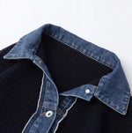 「秋季新品 」 S-2XL 牛仔拼接立領假兩件針織外套