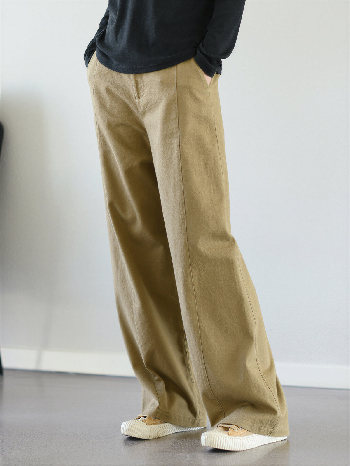 「兩色」「秋季新品 」 M-2XL 高腰垂墜感寬鬆闊腿褲