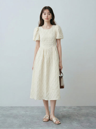 立體提花收腰泡泡袖洋裝