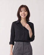 S-2XL 黑色翻領排扣修身襯衫