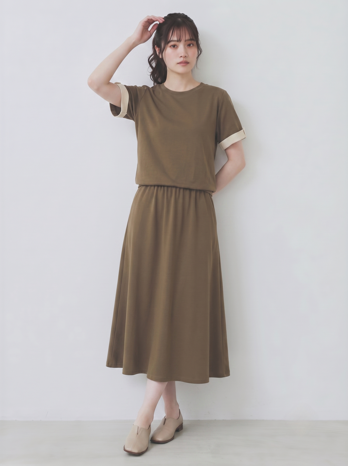 M-2XL 全棉捲邊短袖+A字半裙兩件套