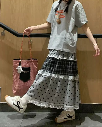 格紋拼波點蕾絲邊蛋糕裙