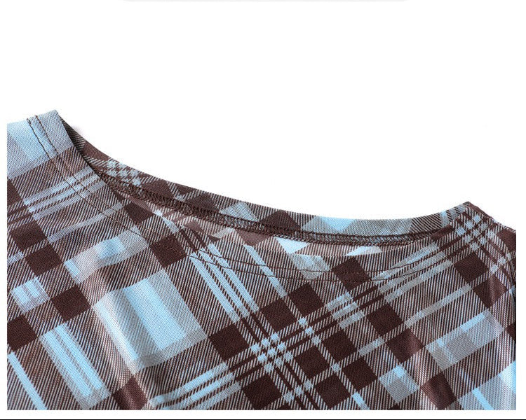 M-3XL 斜格紋不對稱下擺 | 抽繩收腰短袖T恤