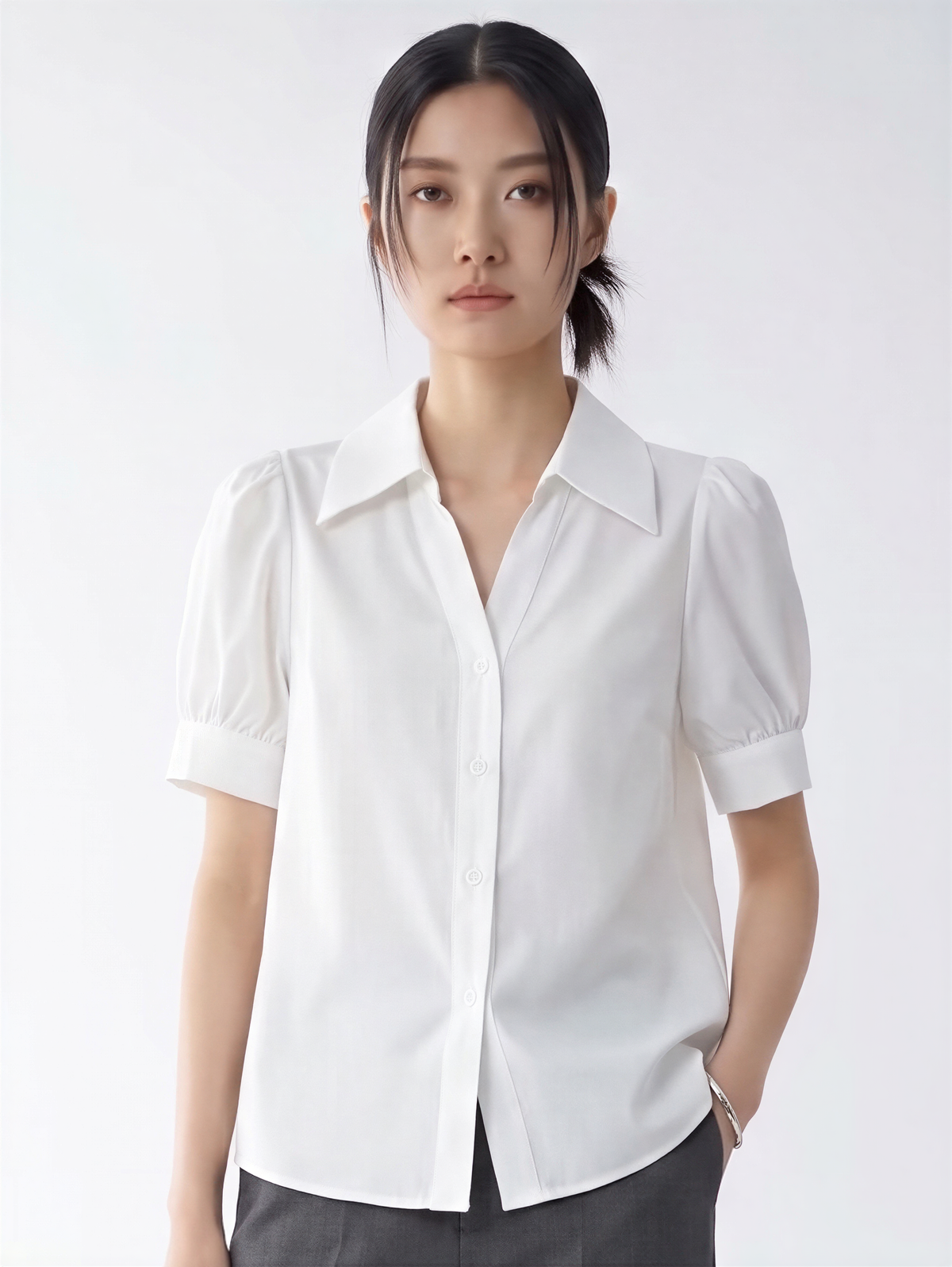 大翻領泡泡袖短袖襯衫