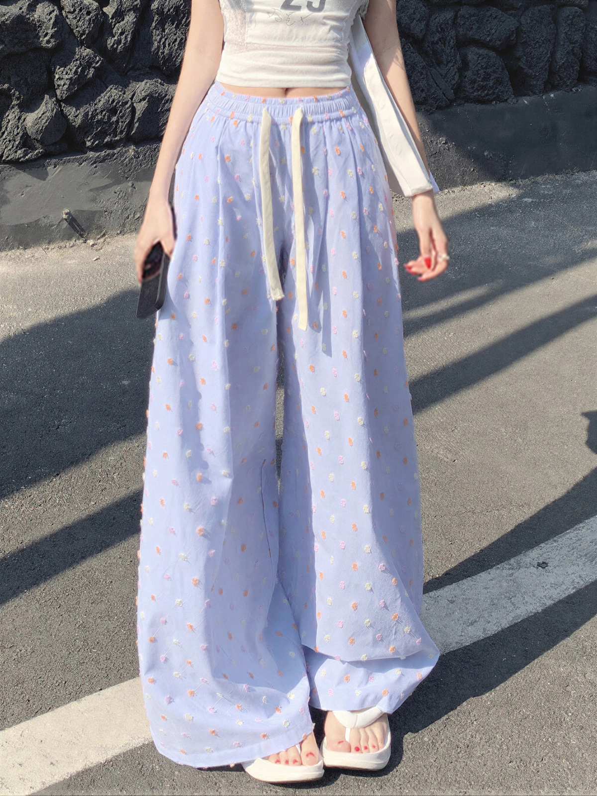 夏季 抽繩高腰碎花 寬腿褲 舞蹈褲
