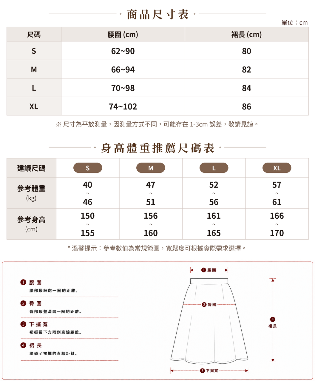 S~XL 白色碎花蛋糕層次 | 高腰A字半身長裙 size chart 1