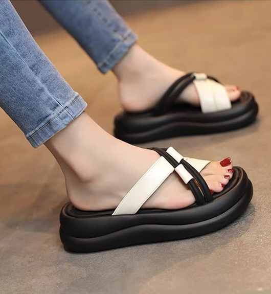 交叉拼接 跟高4.5cm | 蝴蝶結厚底一字拖鞋