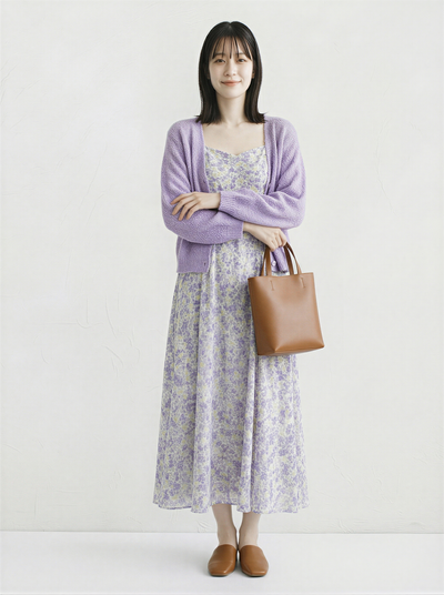淺紫色慵懶針織開襟衫＋碎花細肩帶洋裝 兩件套