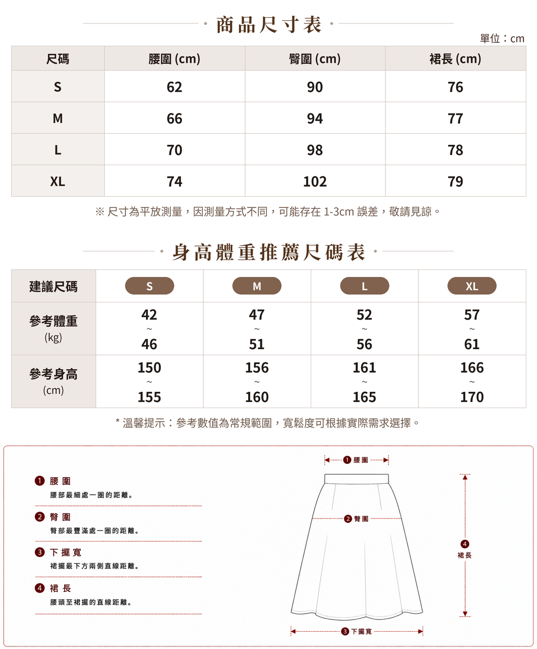 「3色」S-XL 高腰立體壓褶A字長版半身裙 size chart 1