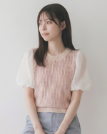 甜美日系 淺米粉泡泡袖短袖針織上衣