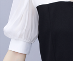 黑白拼接收腰A字裙襯衫領洋裝