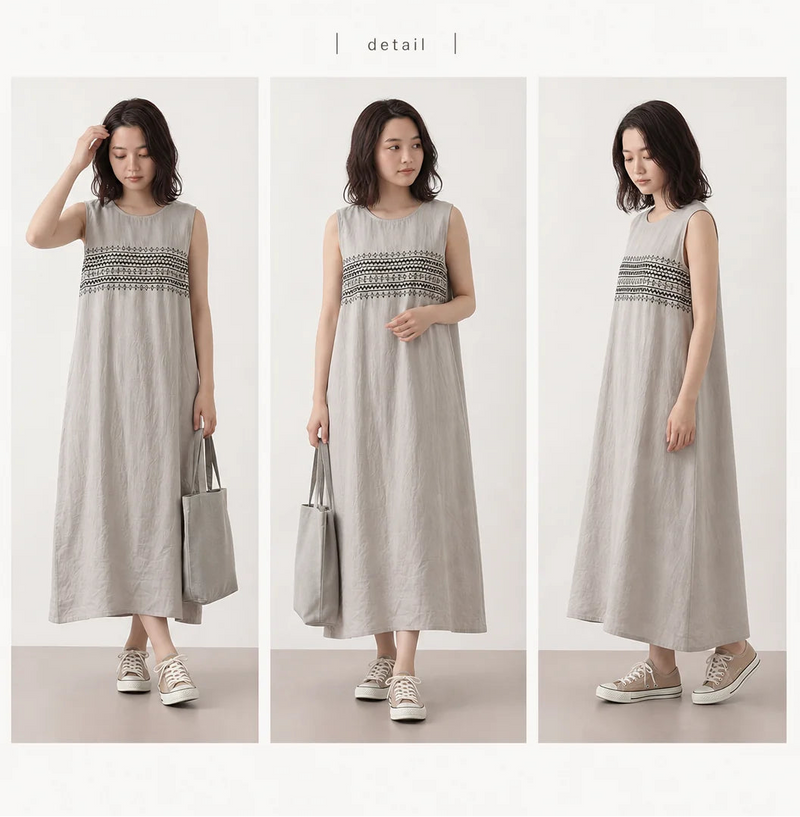 M-2XL 橫向刺繡拼接直筒無袖背心洋裝