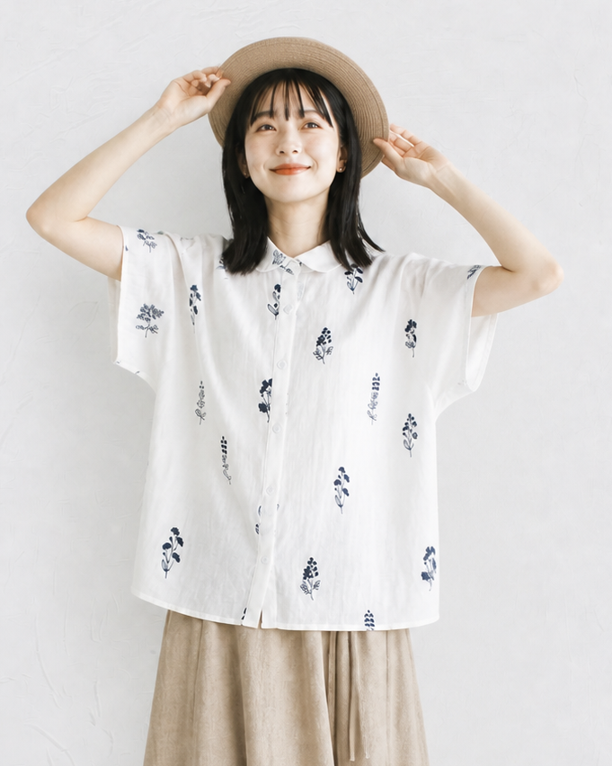 「兩色」M-3XL 小圓領 | 印花寬鬆短袖襯衫