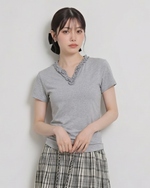 柔軟親膚 莫代爾花邊 V領灰色短袖
