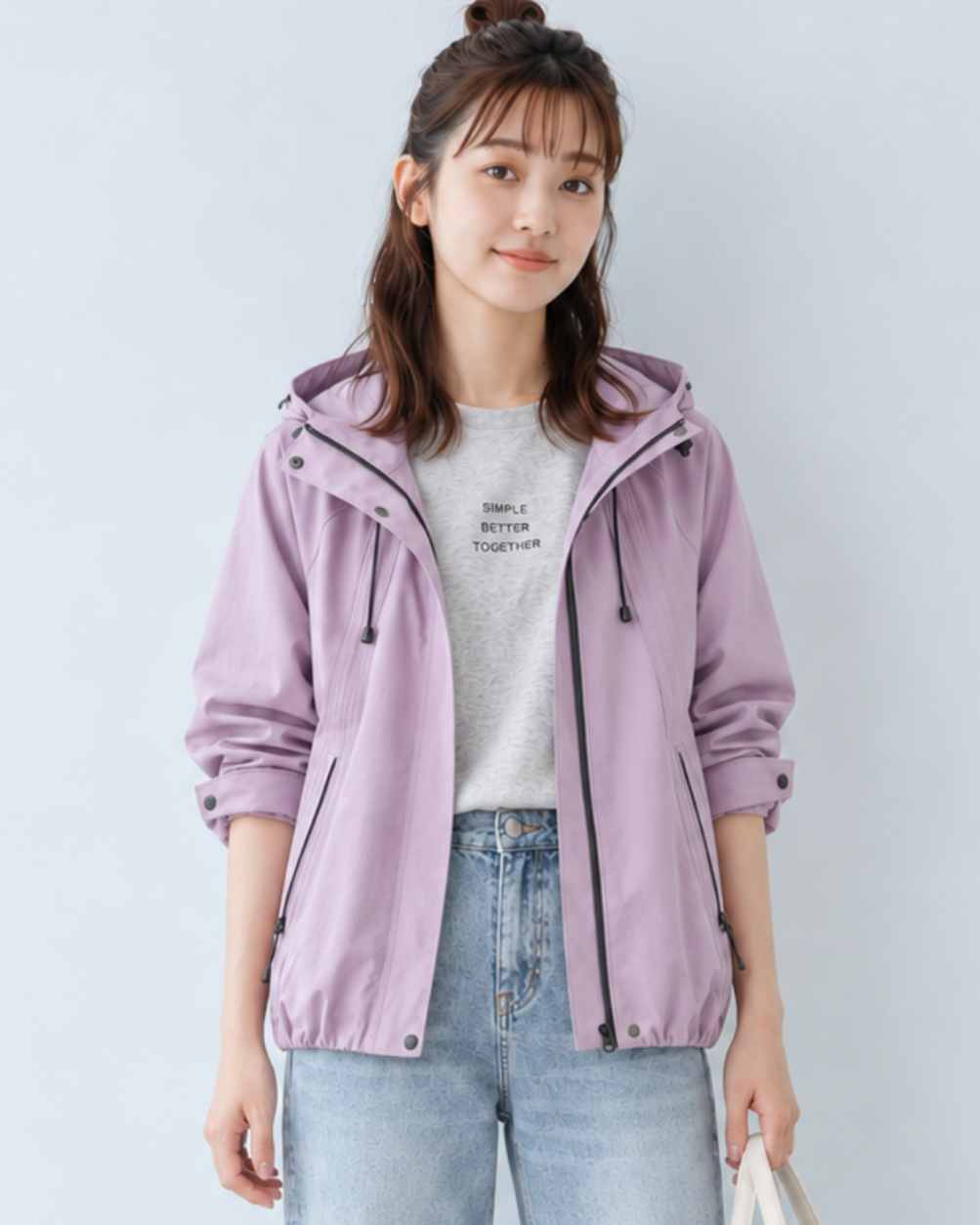 「秋季新品 」 S-XL 淺紫色 連帽抽繩寬鬆風衣