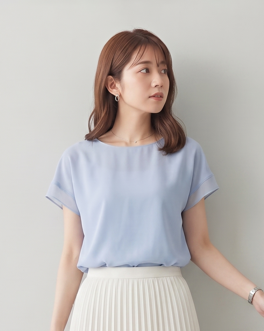 S-2XL 夏日清爽柔霧藍調 | 淺藍色圓領拼接短袖雪紡上衣