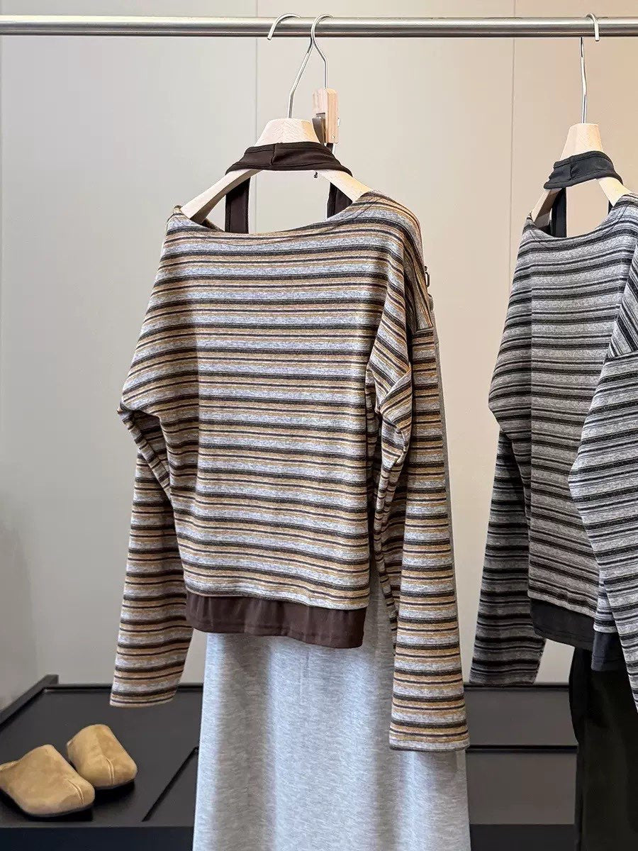 「兩色」S-XL 斜肩露膚條紋假兩件T恤