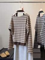 「兩色」S-XL 斜肩露膚條紋假兩件T恤