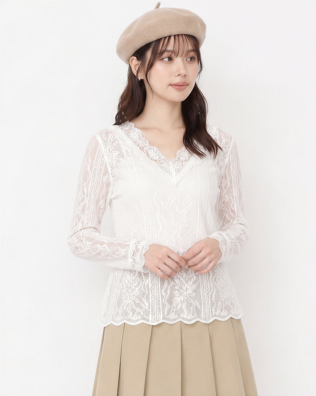 M-4XL V領睫毛蕾絲修身蕾絲長袖上衣
