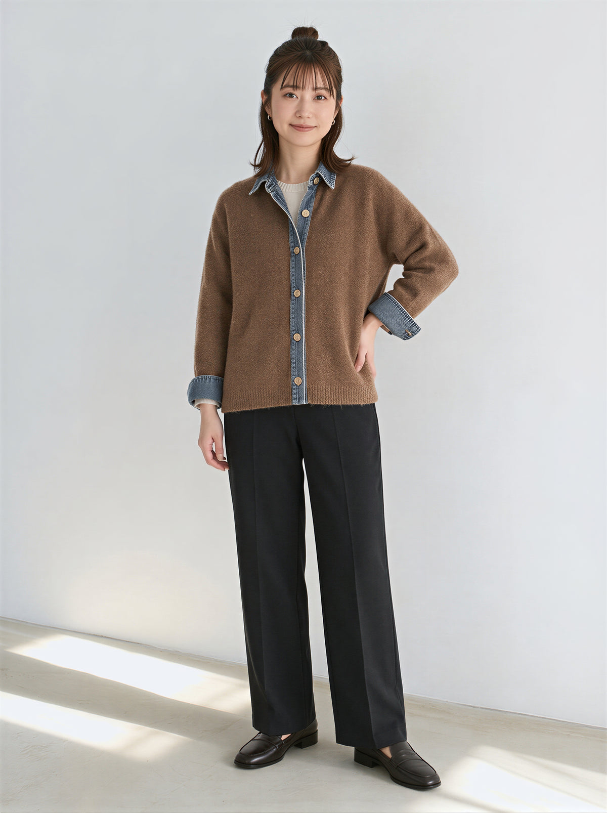 「3色」「秋季新品 」M-XL 拼接翻領短版針織開襟衫