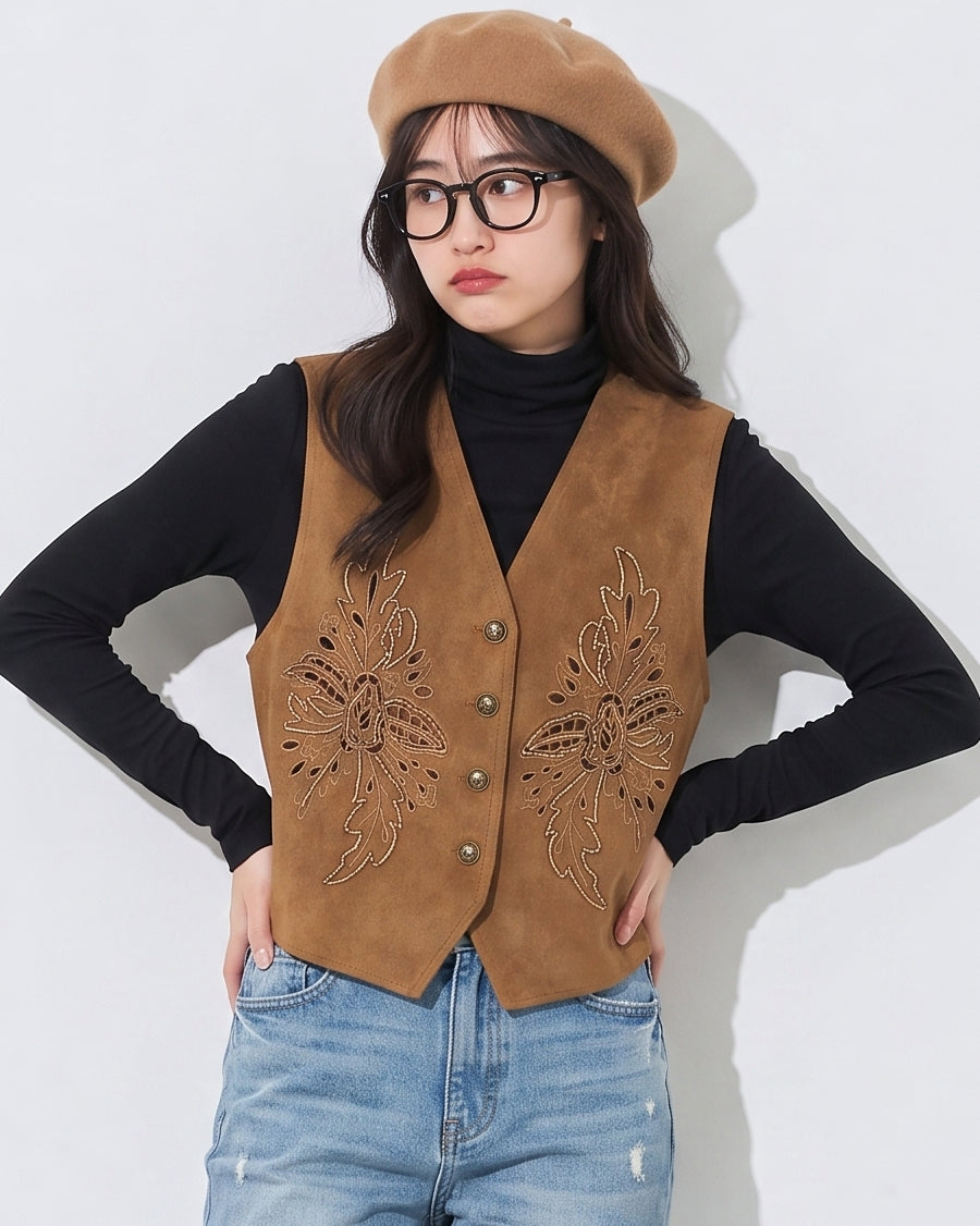 刺繡鏤空V領背心-棕色-2XL