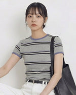 淺灰色條紋修身撞色包邊短袖T恤-淺灰色-L