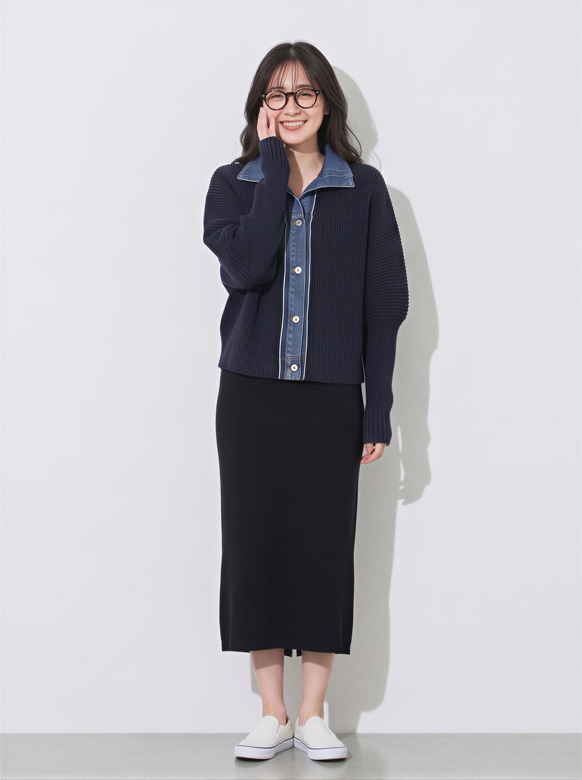 「秋季新品 」 S-2XL 牛仔拼接立領假兩件針織外套