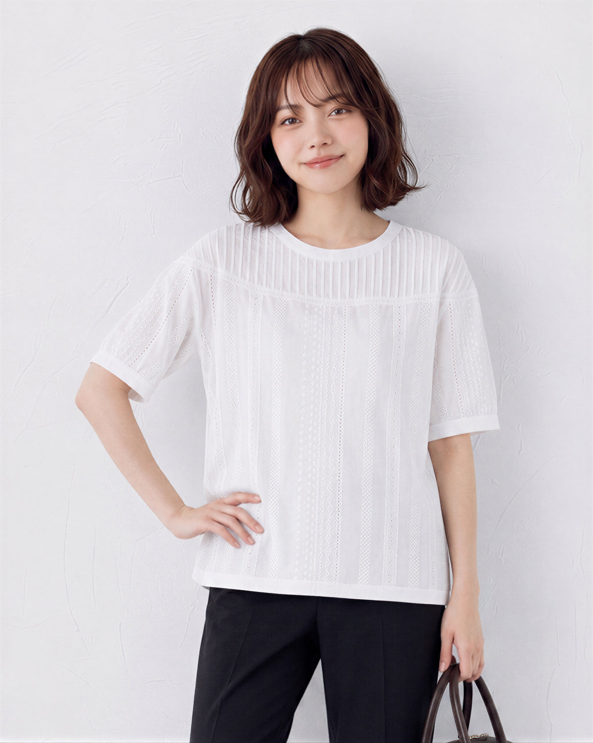 壓褶拼接鏤空紋理短袖襯衫-白色-2XL