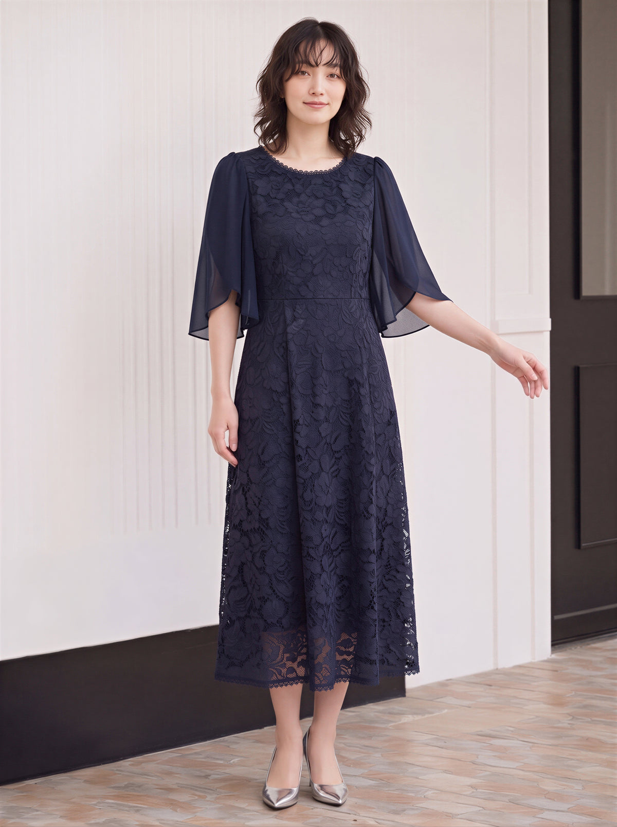 「秋季新品 」「3色」S-2XL 品質披肩袖收腰 | 蕾絲洋裝