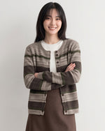 「秋季新品 」「兩色」圓領條紋撞色針織開襟衫