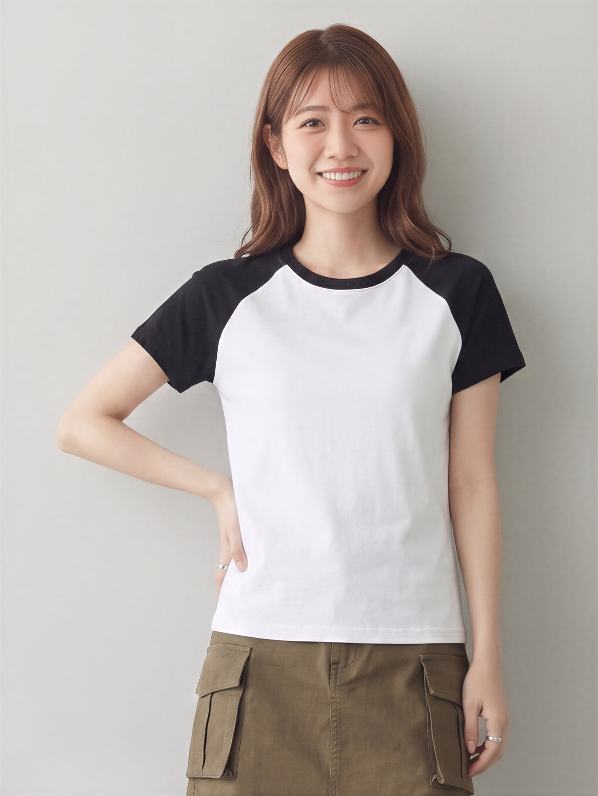 插肩拼接修身短袖T恤-白色 X 黑色-3XL